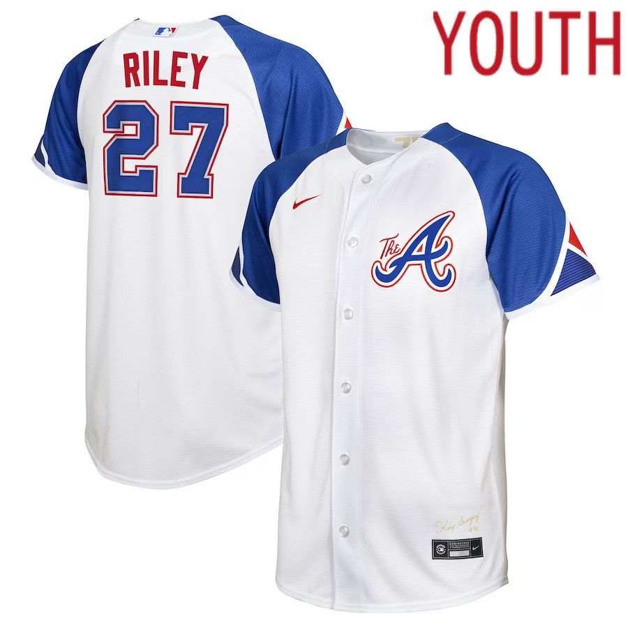 Youth Atlanta Braves #27 Austin Riley Nike White 2023 City Connect Replica Player MLB Jersey